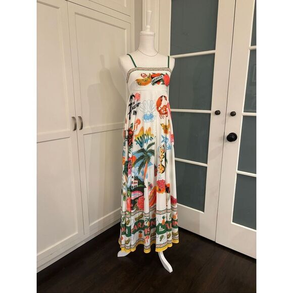 Women's White Spaghetti Strap Smocked Back Colorful Summer Dress Medium - Picture 1 of 9